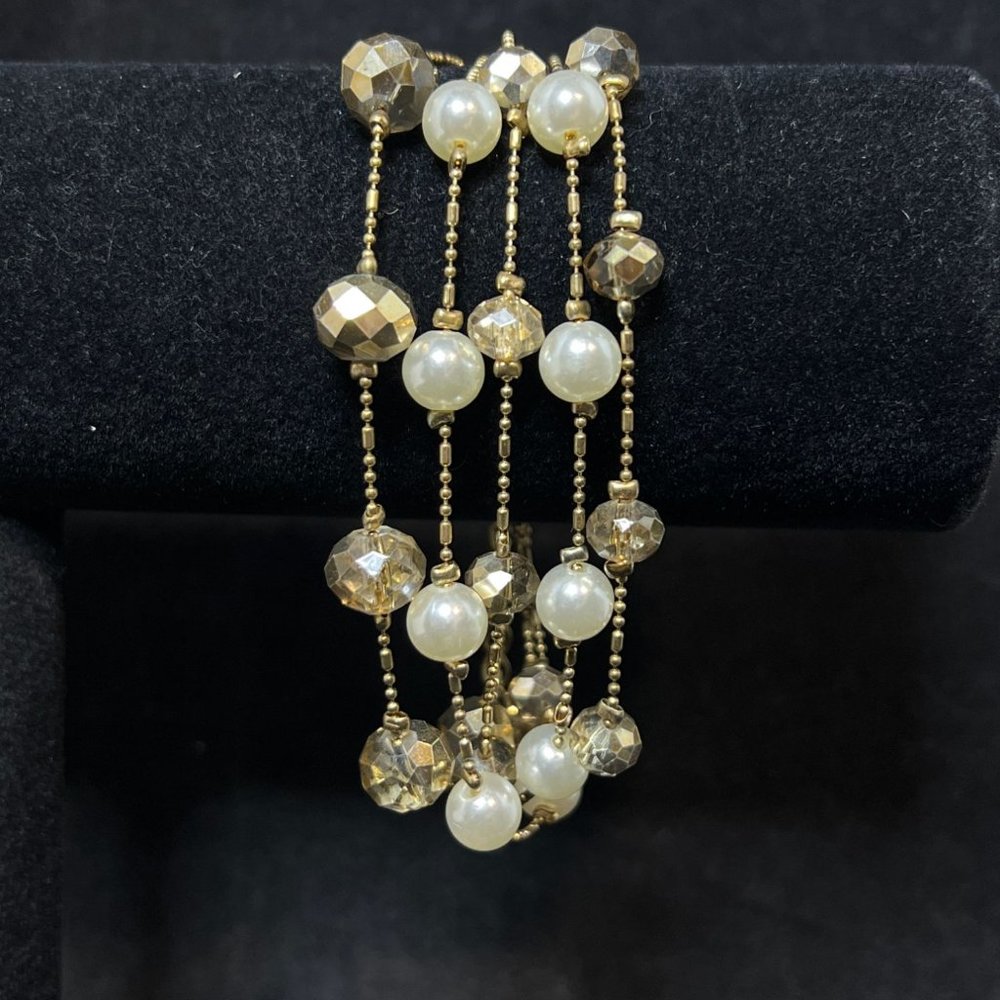 Vintage Gold Tone, Faux Pearl And Beaded 5 Strand Bracelet (4039)